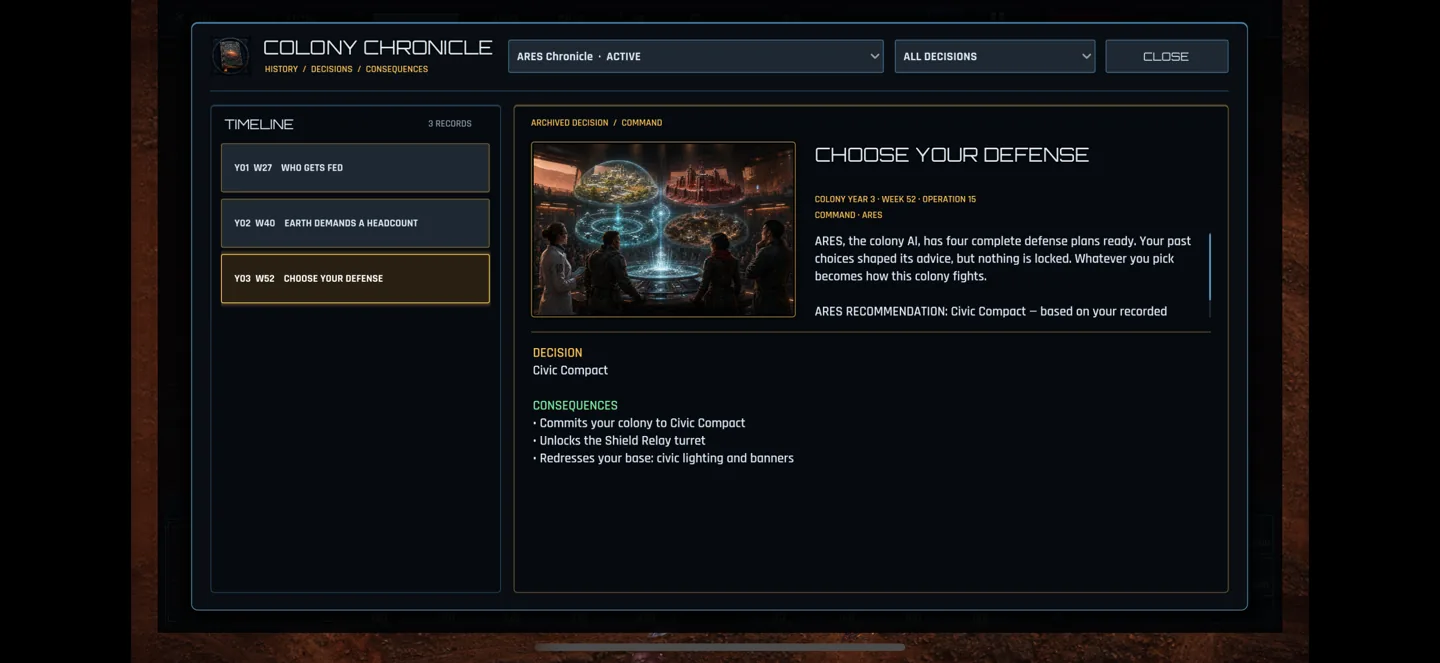 Campaign chronicle and branching colony decisions in Ares Outpost