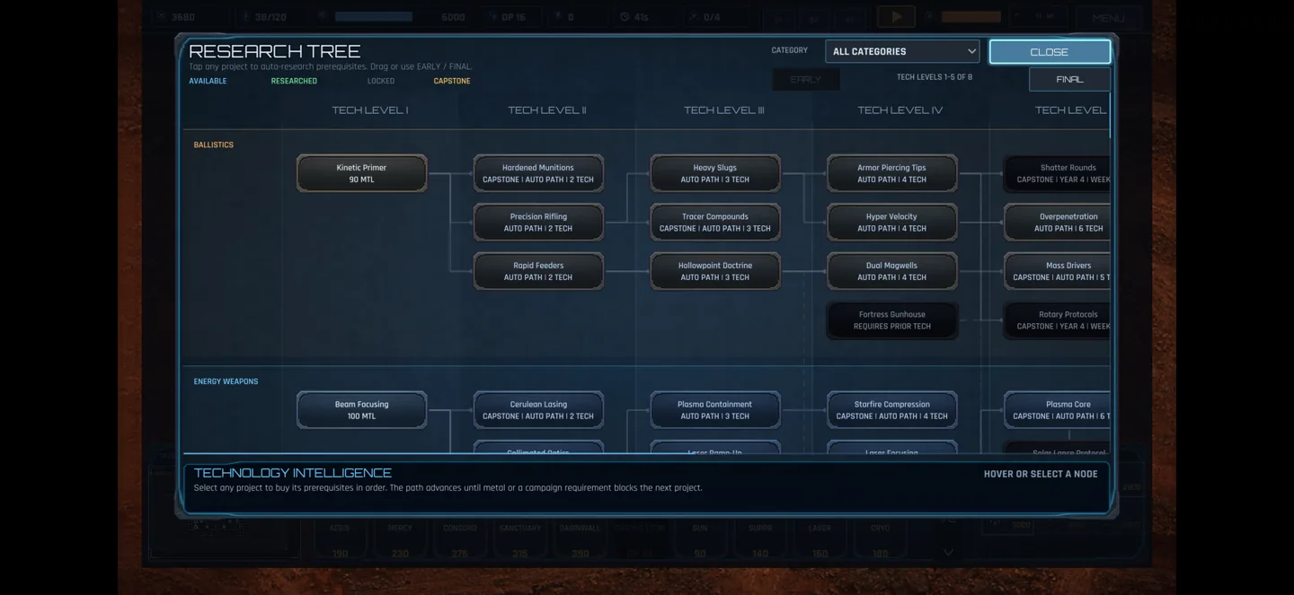 Ares Outpost research tree with technology upgrades for your Mars colony